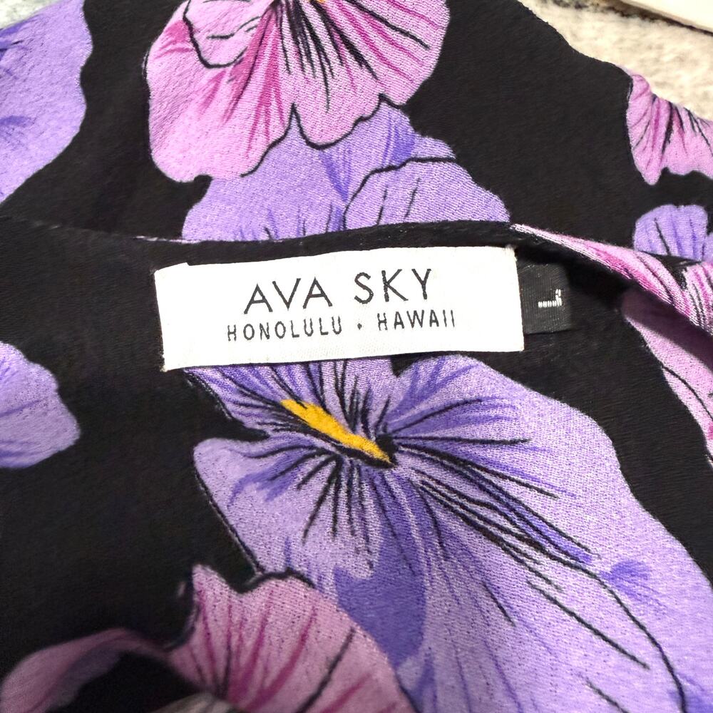 Ava Sky Hawaii Womens Floral Maxi Dress L Black Purple Deep V-Neck Front Slit - Picture 4 of 12